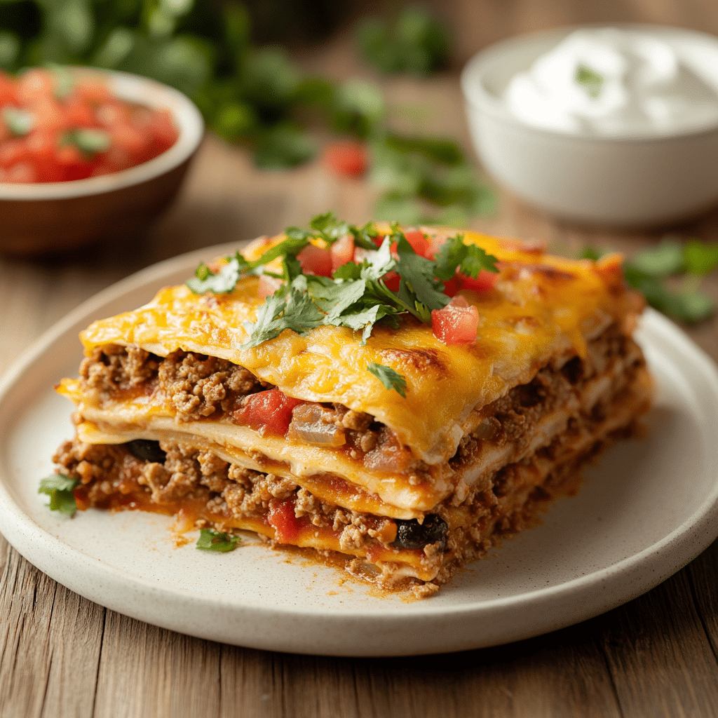 Taco lasagna served in a casserole dish with melted cheese on top.